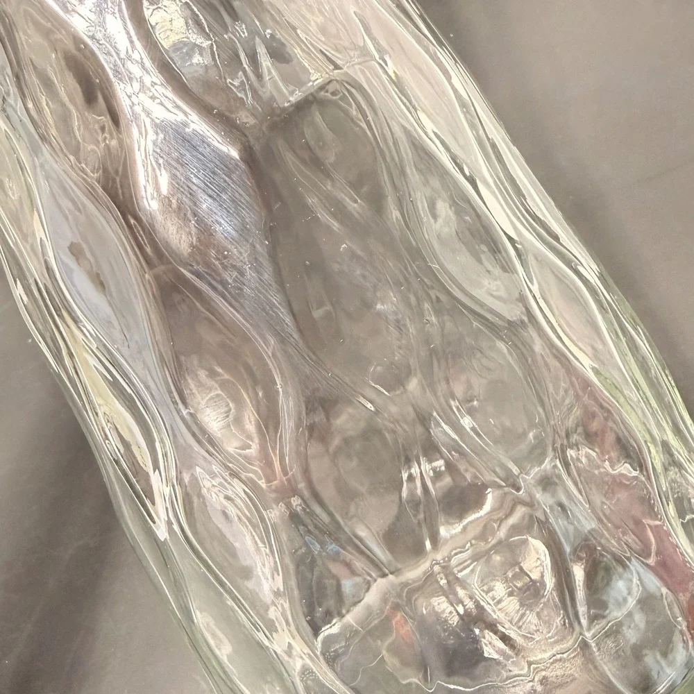 Clear Textured Crinkle Glass Vase Cinched Waist 9.5 Inch Floral Centerpiece